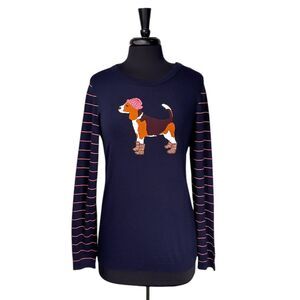 Talbots Beagle Dog Sweater Womens M Navy Blue Knit Striped Sleeve Pullover Top